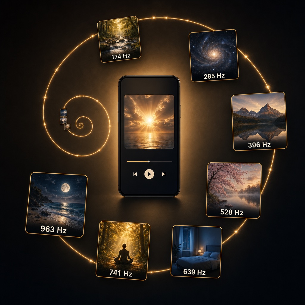 The Miracle Player — a golden spiral of healing frequency tracks from 174 Hz to 963 Hz winding out from a phone